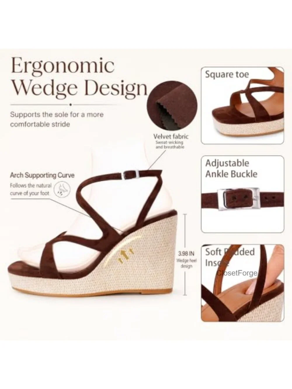 Women's Raffia Wedge Sandals Open Toe Ankle Strap Platform Faux Suede